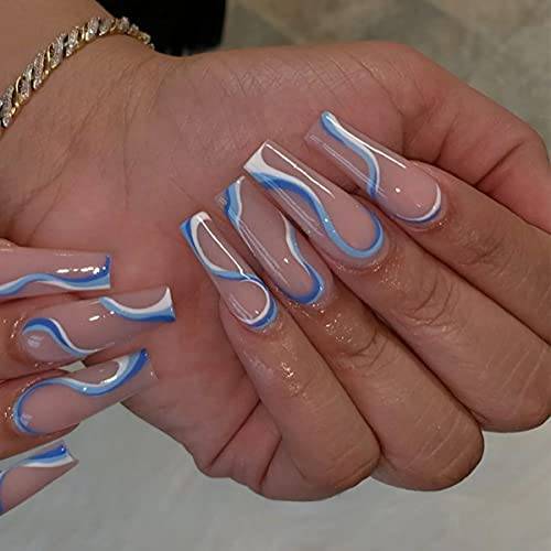 MISUD Extra Long Coffin Press on Nails, 24Pcs Glossy Ballerina Acrylic Nails, Blue Abstract Swirl False Nails with Design Full Cover Fake Nails for Women & Girls