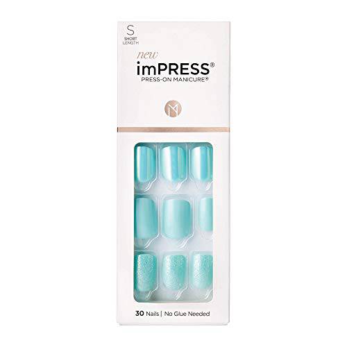 KISS imPRESS Press-On Manicure, Nail Kit, PureFit Technology, Short Press-On Nails, ’Rain Check’, Includes Prep Pad, Mini Nail File, Cuticle Stick, and 30 Fake Nails