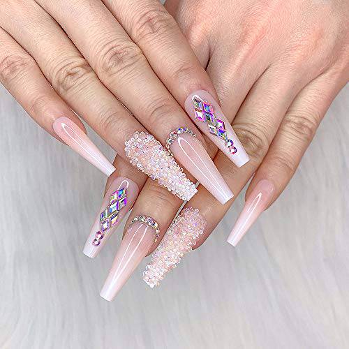 Artquee 24pcs French Nude White Ballerina Flash Diamond Crystal Long Glossy Coffin Flash Fake Nails Press on Nail False Tips Manicure for Women and Girls
