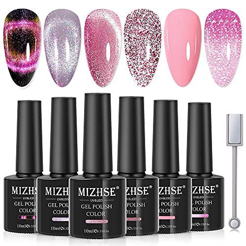MIZHSE 9D Cat Eye Gel Nail Polish Chameleon Magnetic Gel Reflective Glitter Gel Nail Polish Luminous Gel Polish Set 6pcs (Pink Set)
