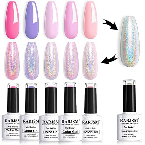 RARJSM Pastel Gel Nail Polish Set 6 Colors Pink Purple Series Chrome Reflective Holographic Glitter Gel Polishes Silver Ch7.5ML Curing Required Soak Off Nail Gel Kit Salon Home Diy French Manicure