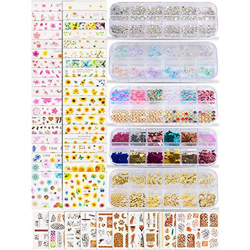 Spearlcable Nail Art Kit,48 Sheets Nail Stickers and 30PCS 3D Resin Cute Bear,Crystal Rhinestones Holographic Butterfly Glitter Iridescent Half Round Pearls Gold Metal Nail Studs for Acrylic Nail Art