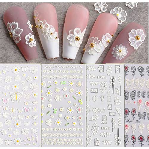 5D Stereoscopic Embossed Flowers Nail Art Stickers Decals, Self-Adhesive Hollowed Out White Nail Lace Butterfly Rose Nail Art Supplies Designs for Nail Art Decoration (4 Pcs with a Tweezer)