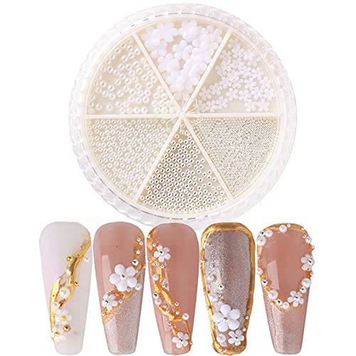 Flower Nail Charms Nail Art Decals 1 Boxes Pearl Glitter Nail Decoration Supplies White Flower Pearl Stainless Steel Ball Design Mix Set DIY Acrylic Nail Art Accessories for Women Girls (B)