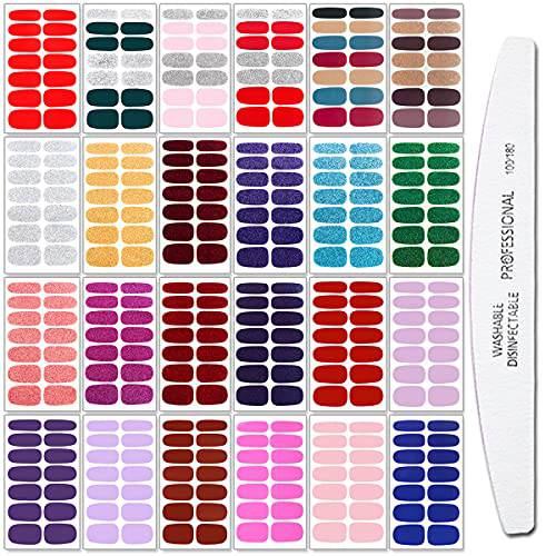 JERCLITY 24 Sheets Solid Color Nail Polish Strips Stickers Press On Nail Stickers Full Nail Wraps for Women Nails Art Nail Strips with Nail File