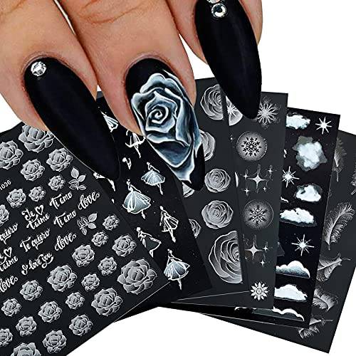 XJL 6 Sheets 5D Ballet Girl Flower Cloud Feather Nail Art Stickers,Embossed Real Self-Adhesive White Rose Snowflakes Sparkle Stars Decals for Acrylic Nail,DIY Charming Supplies Decorations, Piece Set