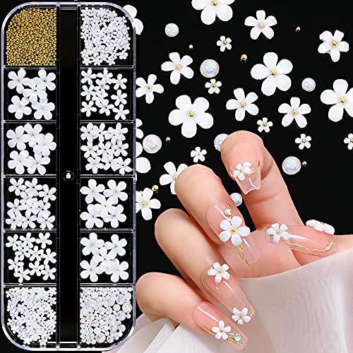 3D White Flower Nail Art Charm Decoration Decals 12 Grid Nail Flower Pearl Golden Caviar Beads Glitter Design Acrylic Nail Art Stud Stickers for Women DIY Manicures Jewelry Salon Accessories