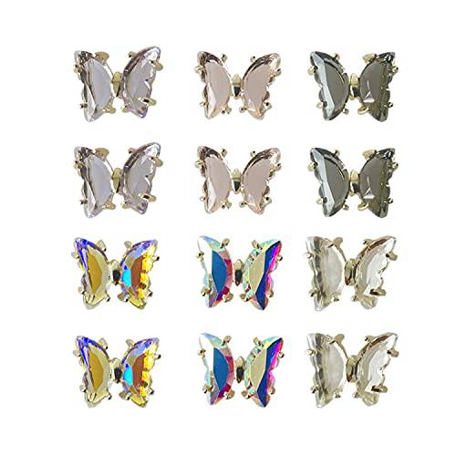 Loospuce Rhinestones for Nails, 16 Pcs 3D Butterfly Nail Charms Glitter, Big Diamonds Clear Crystal Gems, Design, DIY Art Decoration Accessories, Count
