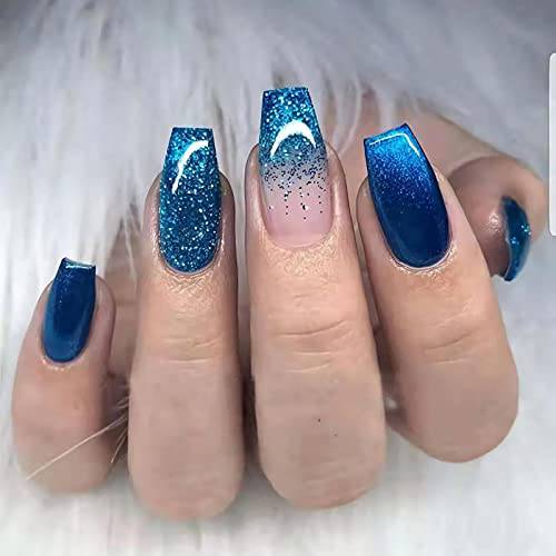 MISUD Medium Coffin Press on Nails, Blue Gradient Fake Nails, Glitter Artificial False Nails with Double Side Adhesive Tabs for Women & Girls (24pcs)