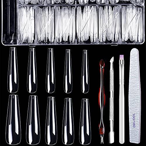 Extra Long Coffin Nail Tips, Clear Acrylic Nail Tips 500 Pcs Full Cover Artificial False Nails for Salons and DIY Nail Art with Box (10 Sizes)