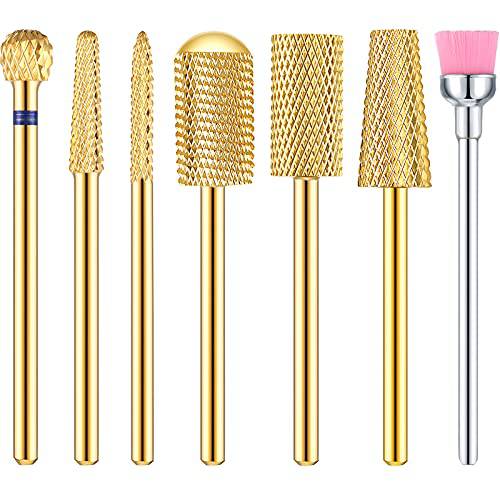 7 Pieces Nail Drill Bit Set, Tungsten Carbide Drill Bit Set, Cuticle Drill Bits Nail Bits for Nail Drill 3/32 Inch for Nail Bit Manicure Pedicure (Gold)