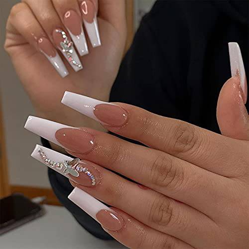 SINHOT Long Coffin Press on Nails Ballerina Fake Nails Glossy Glue on Nails White Butterfly Acrylic Nails with Righnstones False Nails Designs 24 pcs