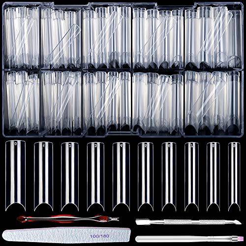 500Pcs Coffin Nail Tips, 10 Sizes Clear Acrylic Poly Nail Long Straight Tapered Square Extension Gel Tips Half Cover Extension Transparent Long C Curve Nail Tips for Salons and DIY Nail Art with Box