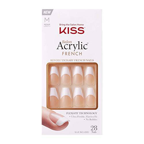 KISS Salon Acrylic French Nail Manicure Set, Medium Length, Square, “Je T’aime”, Nail Kit Includes Pink Gel Nail Glue (Net Wt. 2 g / 0.07oz.), Mini File, Manicure Stick, and 28 Fake Nails