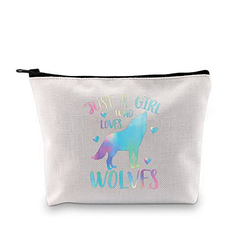 LEVLO Funny Wolf Cosmetic Bag Animal Lover Gift Just A Girl Who Loves Wolves Makeup Zipper Pouch Bag Wolf Lover Gift For Women Girls (Who Loves Wolves)