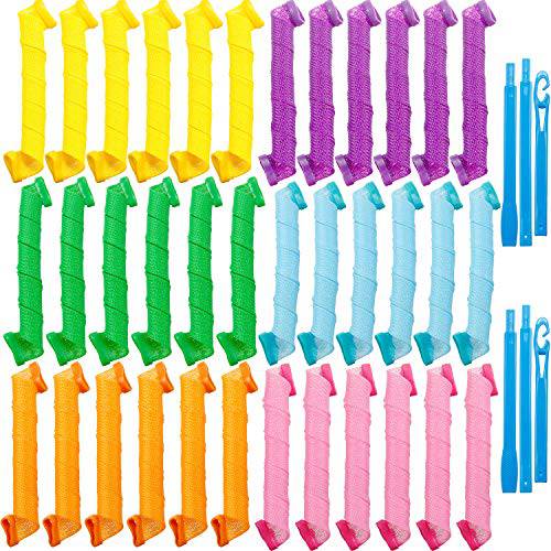 36 Pieces No Heat Hair Curlers Spiral Curl Styling Kit Spiral Curlers Hair Roller Curler for Extra Long Hair Most Kinds of Hairstyles (45 cm/ 17.7 Inch, Pink, Blue, Yellow, Green, Orange, Purple)