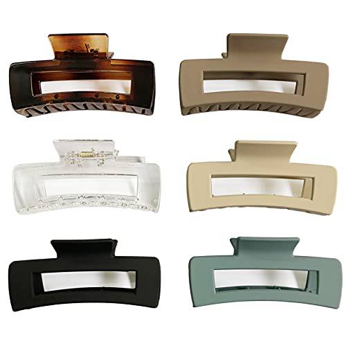 Nalodu Rectangle Hair Claw Clips Large Venhay 4 Inch Matte Clear No Slip Big Jaw Clip Multi-Colored for Thick Hair Women and Girls, 6 Pack