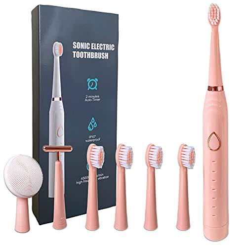 JANECC Electric Toothbrush for Adults, Rechargeable Sonic Toothbrushes, 6 Modes, 45,000VPM Motor and 2 Mins Smart Timer, 1 Face Washing Head, Facial Massage 5 Brush Heads(Pink), 9.8X3.9X1.18 Inch