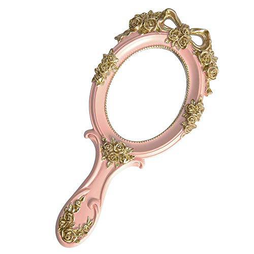 NETNETMALL Vintage Mirror With Handheld, Makeup Mirror, Vanity Mirror, Crafted Rose, Solid Resin, Hand Spray Gold, Unique Spray, Princess Beauty, Lolita, Classic Rose, Hand Held, Victoria (Pink)