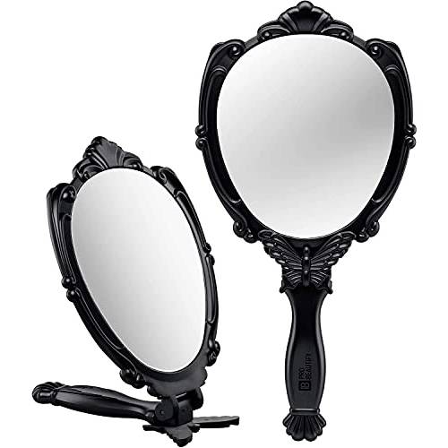 PROBEAUTIFY Decorative Hand Held Mirror | Beautifully Butterfly Design Hand Mirrors with Handle | Lightweight Mirror | 180 Degrees Full Folding Portable Mirror | Travel Makeup Mirror (Black)