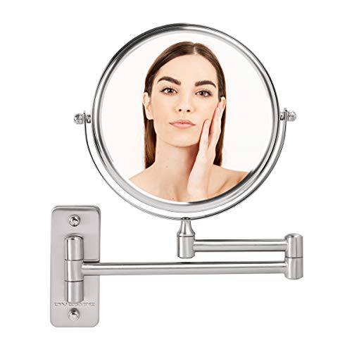 OVENTE 7 Wall Mount Makeup Mirror, 1X & 10X Magnifier, Adjustable Spinning Double Sided Round Reflection, Extend, Retractable & Folding Arm, Bathroom & Vanity Décor, Nickel Brushed MNLFW70BR1X10X
