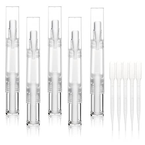 UPZIGS 5 pack 5ml Transparent Twist Pen for Cuticle Oil Applicator, Empty Nail Oil Pen with Brush Tip, Eyelash Growth Liquid Tube, Cosmetic Lip Gloss Container (5x)