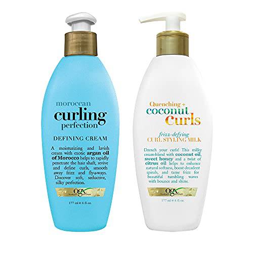 OGX Argan Oil of Morocco Curling Perfection Curl-Defining Cream, Hair-Smoothing Anti-Frizz Cream with Quenching + Coconut Curls Frizz-Defying Curl Styling Milk, Nourishing Leave-In Hair Treatment