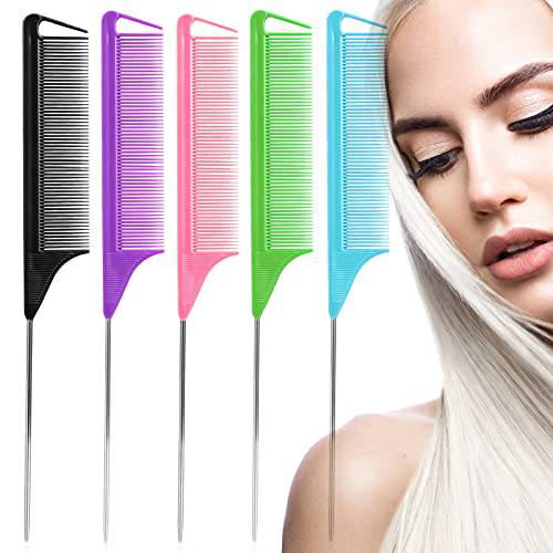 Rat Tail Combs for Hair Stylist: 5Pcs Parting Comb for Braids, Metal Long Steel Pin Rat Tail Teasing Combs, Professional Hair Salon Quality,Combs for Women (A Style)
