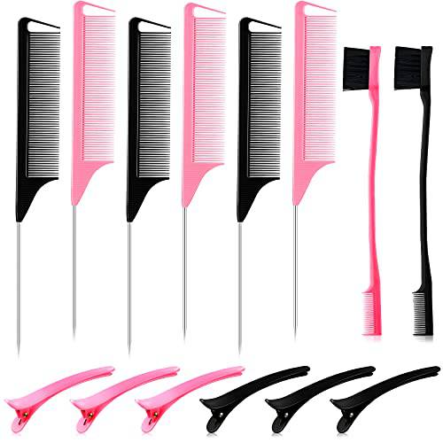 14 Pieces Parting Comb Clips Set, 6 Stainless Rat Tail Combs 2 Dual Edge Brushes 6 Plastic Duckbill Hairpins Braids Parting Combs Sectioning Clips for Hair Styling Hairdressing Dyeing, Black, Pink