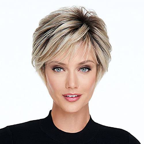 Short Layered Ombre Blonde Wigs for White Women Short Pixie Cut Fashion Wig with Dark Roots