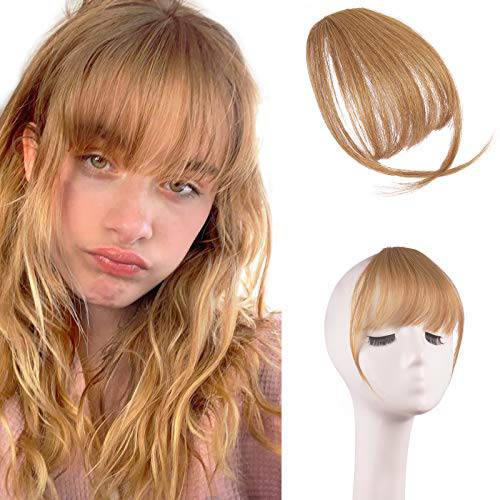 FESHFEN Clip in Bangs 100% Human Hair Air Bangs Real Hair Extensions Wispy Bangs Light Bleach Blonde Thin Fringe Hair Pieces Natural Fringe with Temples One Piece Hairpieces for Women Girls