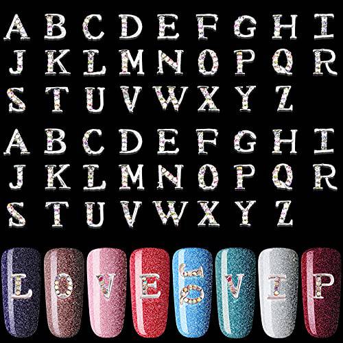 PAGOW Rhinetone Letters Nail Studs, 3D Capital Alphabet Metal Art Beauty Design Charm Trim DIY Manicure Jewelry Making Crafts Decoration for Women Girls Xmas（52Pcs Silver ）