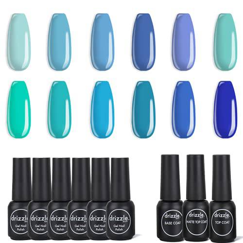 DRIZZLE. BEAUTY Gel Nail Polish Kit Blue Green Series 12 Colors Collection with 3 Pack Top and Base Coat, 9ml Soak Off LED Nail Polish in Nail Art Box DIY at Home Gift for Women