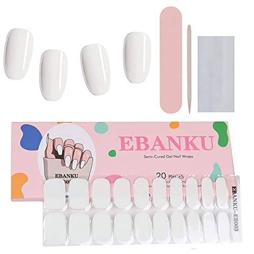 White Semi Cured Gel Nail Strips Wraps EBANKU 20PCS Gel Nail Wraps Stickers Real Nail Gel Polish Stickers for Women with Nail File and Stick (UV/LED Lamp Required)