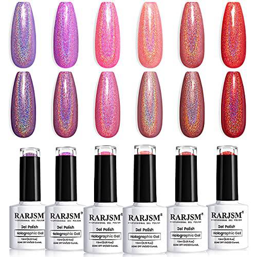 RARJSM Holographic Gel Nail Polish Set Summer Colors Glitter Gel Polishes Kit Rose Gold Hot Pink Red Violet Bright Purple 6PCS 7.5ML Curing Required Unicorn Mirror Laser Effect for Salon Home Manicure