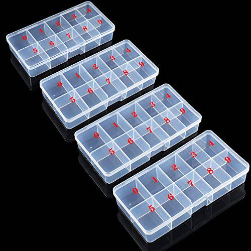 4 Pieces False Nail Tips Transparent Storage Box with 10 Number Empty Spaces Fake Nails Organizer Storage Cases Clear Plastic Containers Numeral Grid Boxes for Acrylic Nail Art Jewelry Accessories