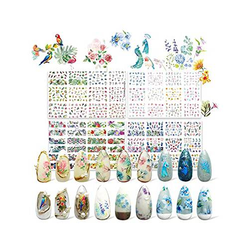 48 Sheets Summer Nail Art Stickers - Tropical Water Nail Decals Mixed Style Colorful Flowers Roses Birds Tropical Leaves Peacocks DIY Acrylic Nails Nail Stickers for Nail Art