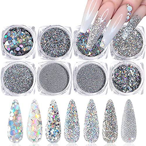 Holographic Nail Sequin Glitter Accessories Colorful 3D Glitter Flakes Nail Supply Acrylic Flakes Designs False Nails Manicure Tips Kit for fingernail toenail Nail Glitter Art Decorations (8 Boxes)