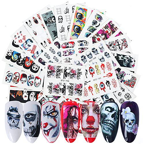 25 Sheets Halloween Nail Stickers Skull Ghost Nail Water Transfer Decals Horror Day of The Dead Skull Ghost Face Hulk Clown Witch Eye Ghost Nail Art Stickers for Women Girls Halloween Nail Charms Designs Decorations