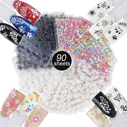 90 Sheets Flower Nail Stickers for Nail Art, Black and White Nail Decals Flowers for Nail Art Decals Nail Art Stickers White Flowers 5d Embossed Flowers Nail Stickers for Acrylic Nails