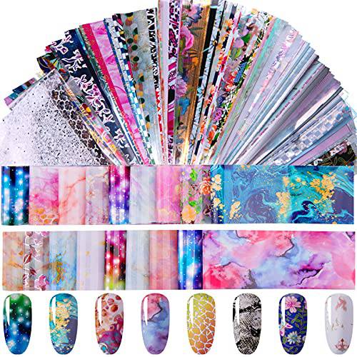 Duufin 200 Sheets Nail Foils Transfer Nail Art Foil Transfer Stickers Laser Flower Nail Foil Transfer Decals Paper Starry Sky Stars Flower Foil Transfer for Nail Art