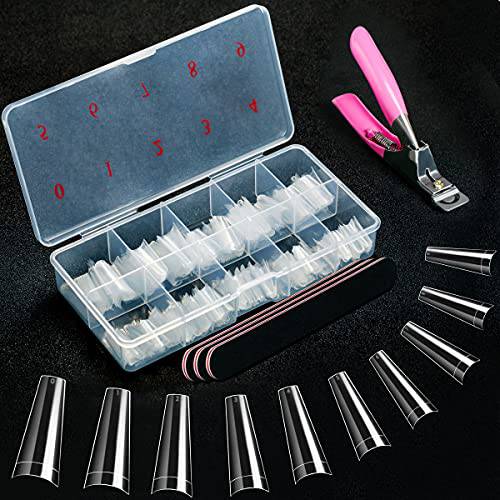BHYTAKI 500 Pcs Coffin Nail Tips with Box - Clear Acrylic Ballerina Shaped Nail Tips Half Cover French Nail Tips with 1 Clipper Cutter Trimmer and 3 Nail Files, for Home DIY and Nail Salons (10 Sizes)
