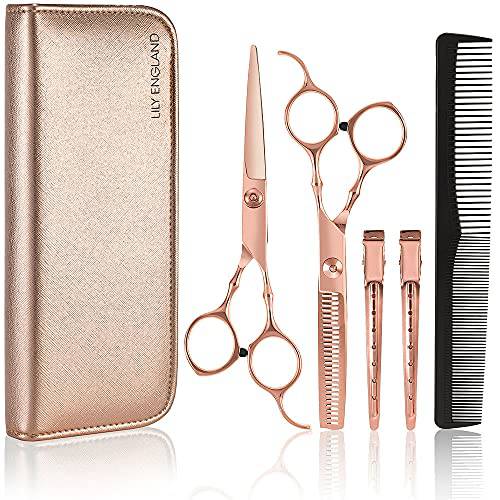 Hair Cutting Kit for Women - Barber Hair Cutting Scissors and Thinning Shears with Comb, Clips and Case by Lily England (Rose Gold)