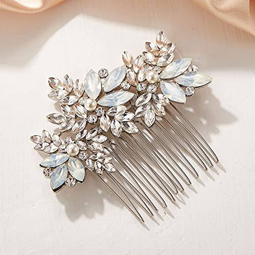 AW BRIDAL Opal Crystal Hair Comb Bridal Hair Pieces Retro Bridal Hair Clips Wedding Hair Accessories for Brides and Bridesmaids (Silver)