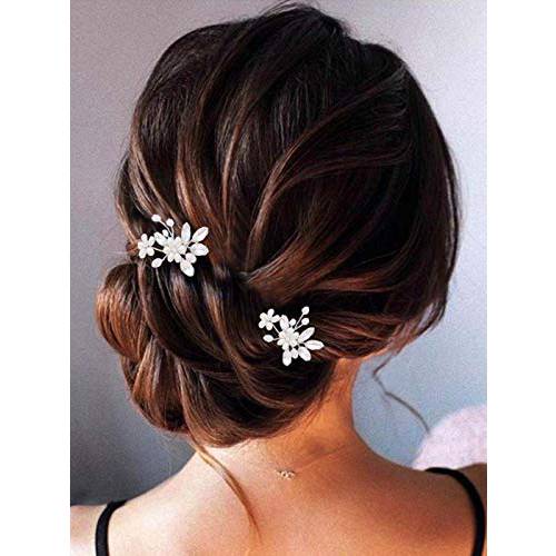 Unsutuo Bride Wedding Hair Pins Silver Crystal Bridal Hair Accessories Pearl Flower Hair Pieces for Women and Girls(Pack of 2) (Silver)