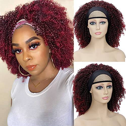 Short Curly Headband Wigs For Black Women Natural Afro Curly Hair Wig, Machine Made African American Kinky Curly None Lace Front Wigs (12inch, 1B/Burgundy)