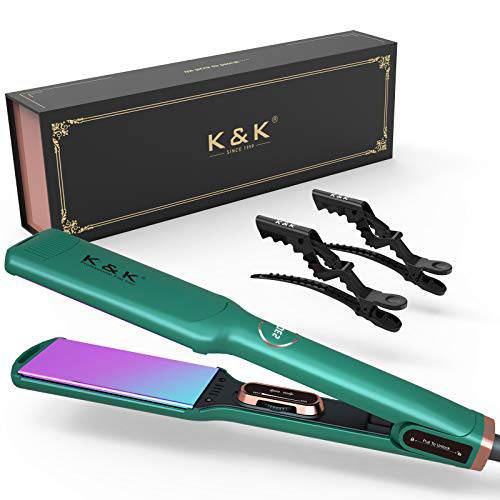 K&K Flat Iron Hair Straightener 1.75 inch Wide Plate Straightener for Thick Hair Dual Voltage and LED Display , Fast 20 S Heating Hair Straightener