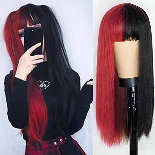 Kaneles Half Red Half Black Wig Long Straight Hair with Bangs Cosplay Natural Wig for Girls Cosplay Party Show