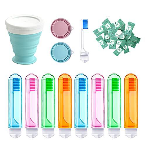 8 Pcs Toothbrushes Kit with holder, 2 Pcs Collapsible Travel Mugs Portable Cup & 30 Pcs Compressed Cotton Towels for Travel Camping, School Home Favors Hiking