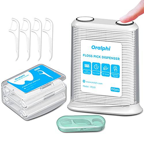 Oralphi Floss Pick Dispenser Bundle (Includes 310 Dental Flossers for Adults), Pop-Up Automatic Holder + Refill Box + Travel Case Bundle for Teeth Cleaning